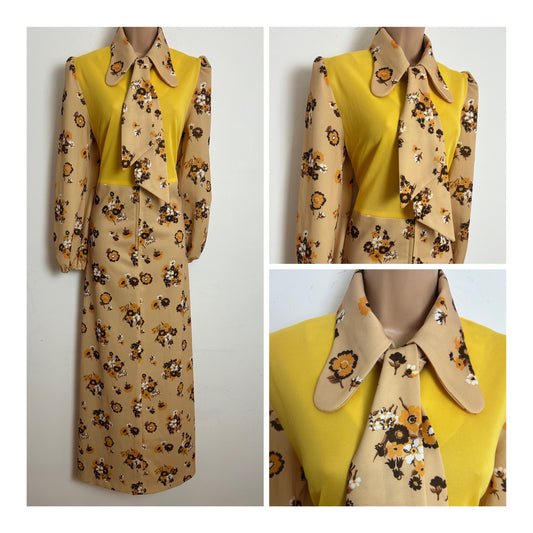 Vintage 1960s SYLVIA MODELS Size 14 Yellow Beige Brown & Orange Floral Scarf Tie Beagle Collar Maxi Dress