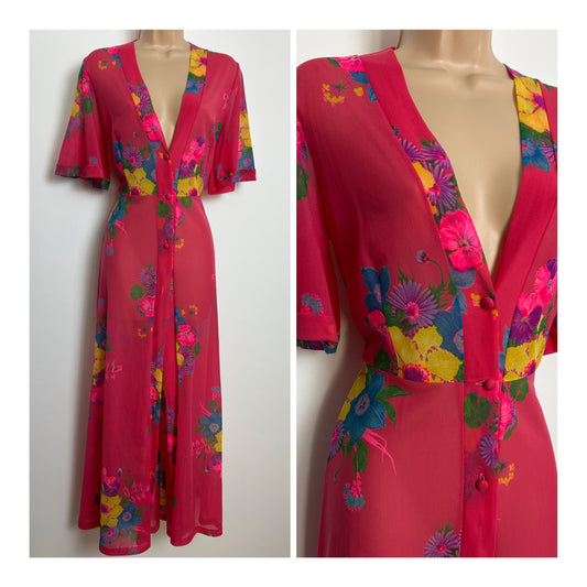 Vintage MISS PERFECT Size 8 Pink Yellow Blue & Green Floral Print Nightie Or Beach Cover Up
