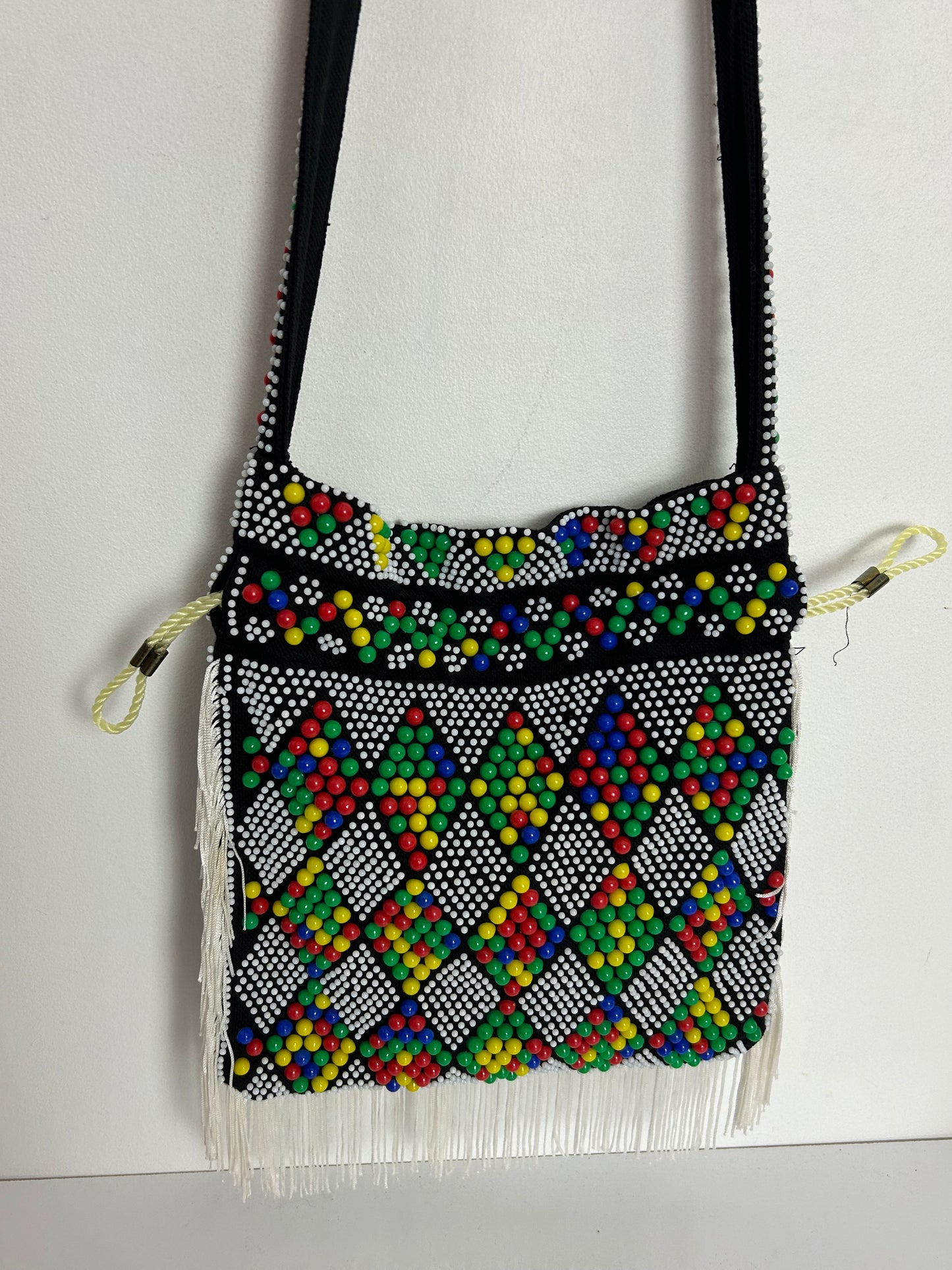 Vintage 1970s Black Fabric Multicolour Beaded Draw Tie Pouch Shoulder Bag