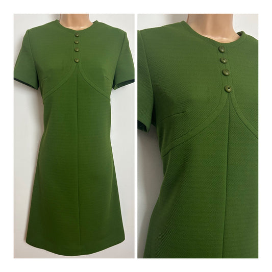 Vintage 1960s Size 12 Moss Green Crimplene Mod Shift Dress