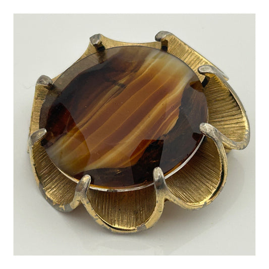 Vintage 1960s Large Celtic Scottish Gold Tone Brown Banded Glass Brooch