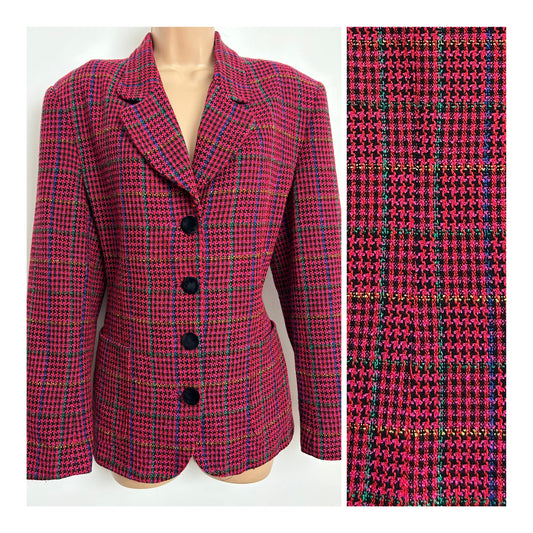 Vintage 1980s NORTON MCNAUGHTON Size 12-14 Pink Dogtooth Check Blazer Wool Mix Jacket