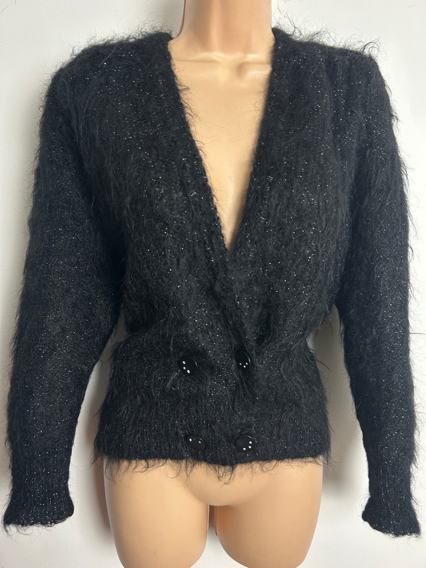 Vintage 1980s Size 12-14 Black Glittery Mohair Mix Cardigan