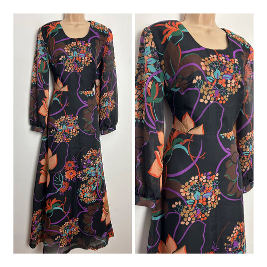 Vintage 1970s UK Size 12 Black Blue Orange & Beige Floral Print Chiffon Long Sleeve Maxi Dress