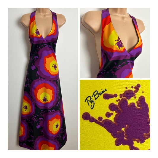 Vintage 1970s RARE PIZ BUIN Size 6 Black Purple Orange & Yellow Abstract Floral Print Halter Neck Maxi Dress