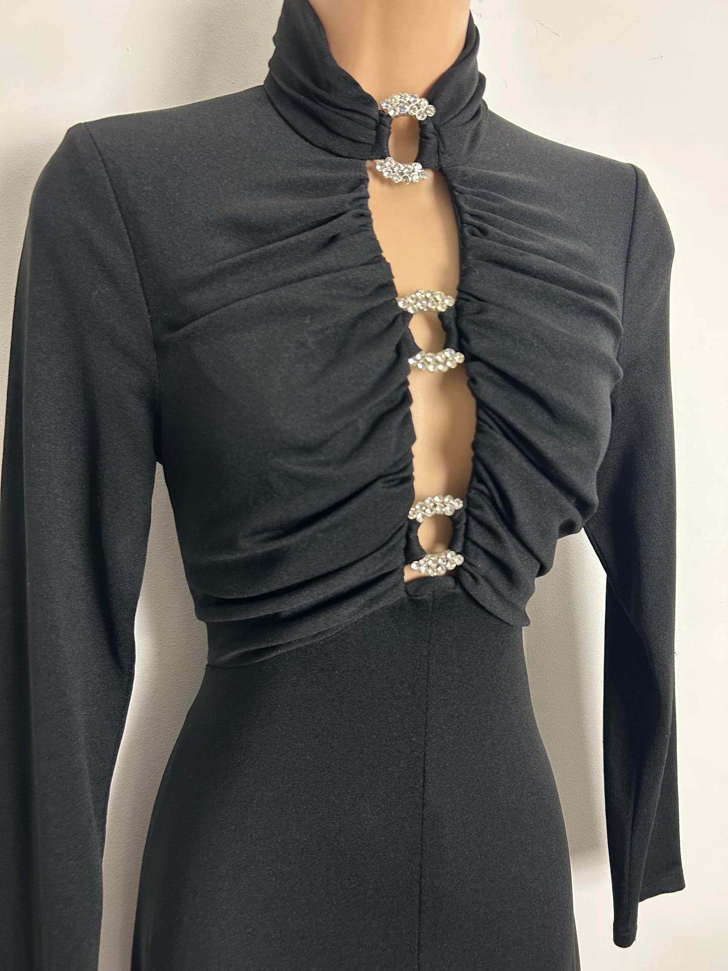 Vintage 1970s JOHN MARKS Size 10 Black Diamante Detailing Open Front Occasion Evening Maxi Dress