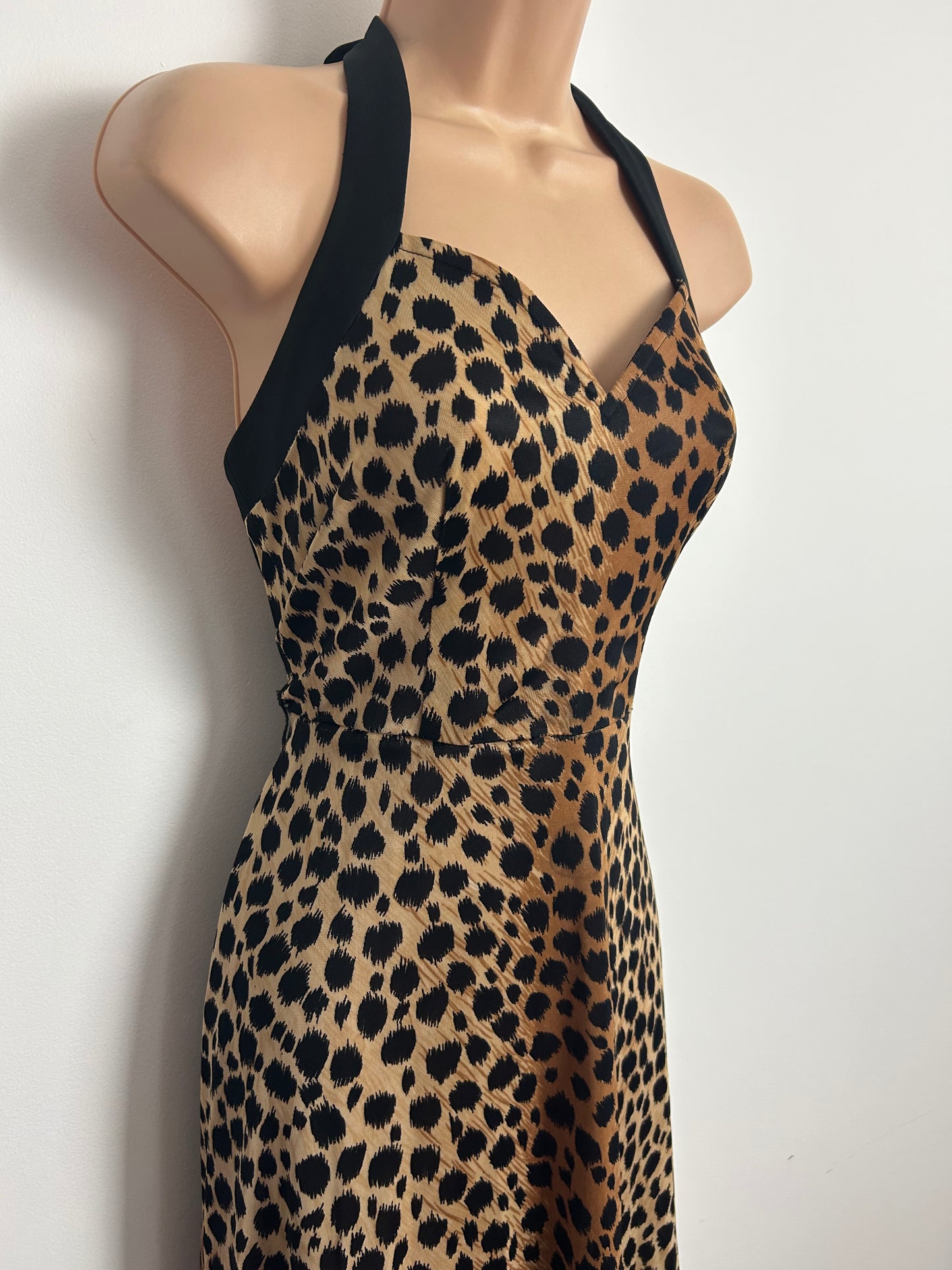 Vintage 1970s WINCHESTER Size 8 Tan & Black Leopard Print Halter Neck Maxi Dress