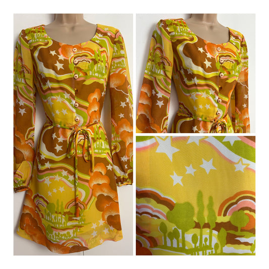Vintage Early 1970s Size 8 Yellow Brown Orange & Green Cute Psychedelic Stripe Star & Tree Print Belted Mini Dress