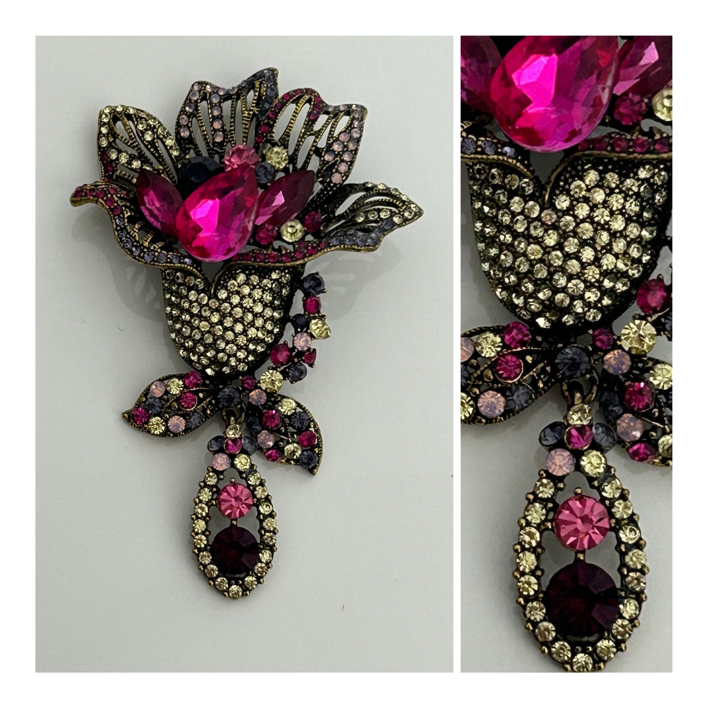 Vintage Large Dark Gold Pink & Clear Diamante & Jewel Set Flower Brooch Or Pendant