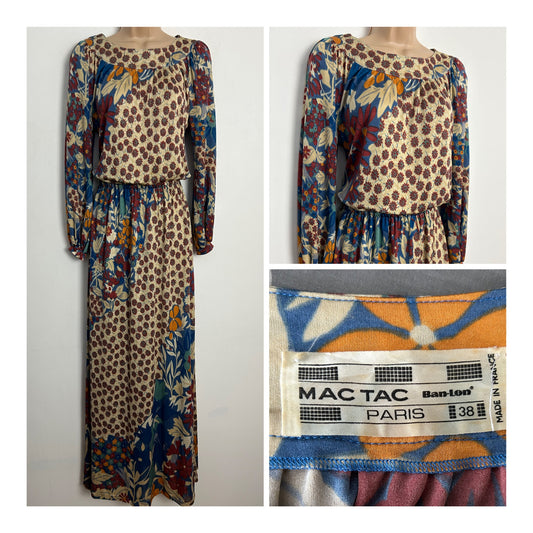 Vintage Late 1970s RARE MAC TAC PARIS (Leonard Sunshine) UK Size 12 Beige Blue Dark Red & Orange Floral Print Long Sleeve Maxi Dress