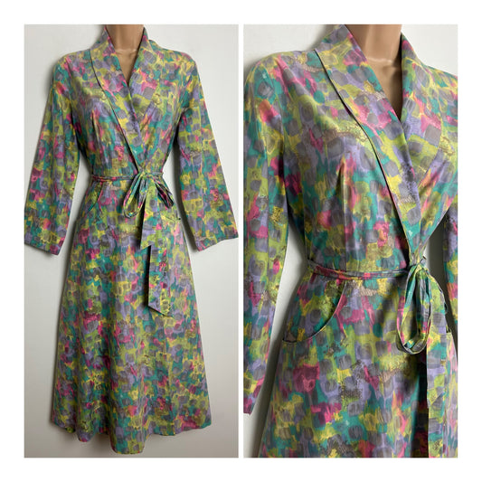 Vintage Late 1950s/Early 1960s Size 10-12 Green Pink Lilac & Turquoise Abstract Print Cotton Full Wrap Belted Day Dress
