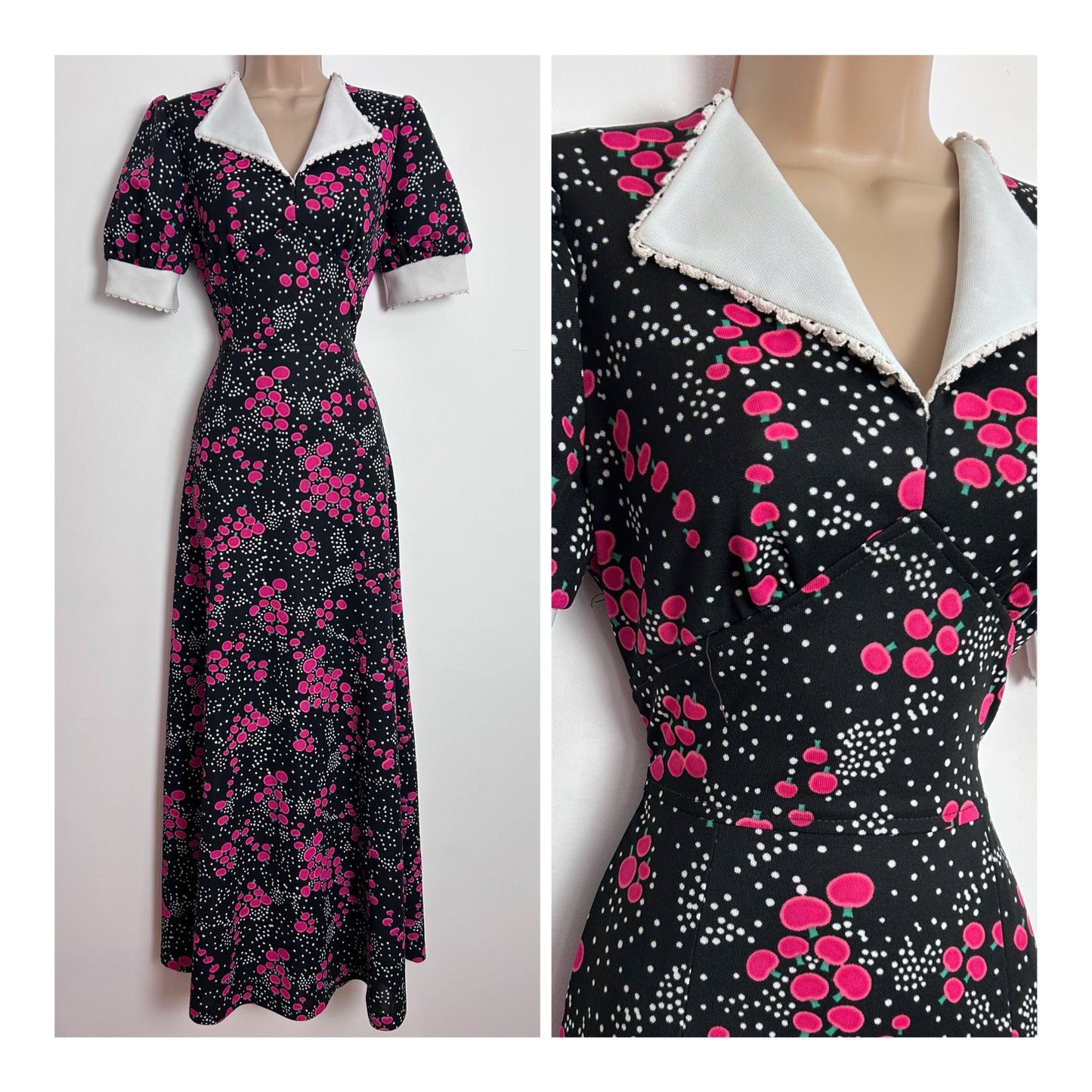 Vintage 1970s UK Size 10 Black Pink & White Spot & Stylised Apple Print Maxi Dress