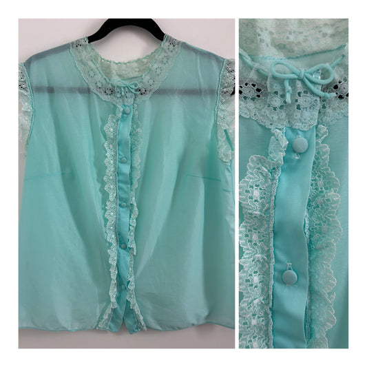 Vintage 1960s Size 16 Ice Blue Sleeveless Lace Trim Nylon Button Through Blouse Top