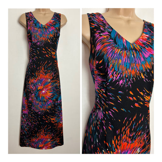 Vintage 1970s UK Size 14 Black Pink Orange & Peacock Blue Abstract Print Midi Dress