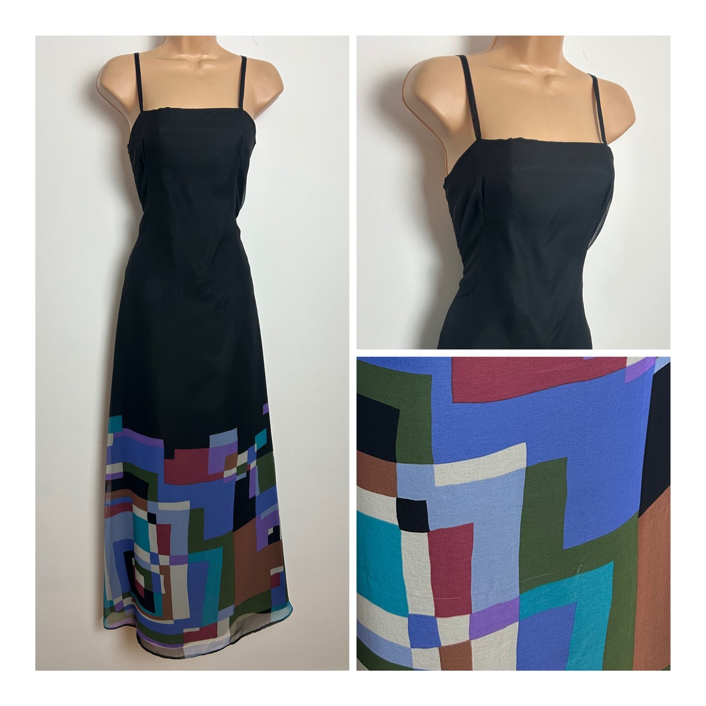 Vintage Late 1970s HOFFMANN Size 10 Black & Multi Colour Abstract Print Strappy Chiffon Maxi Dress