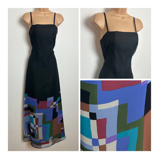 Vintage Late 1970s HOFFMANN Size 10 Black & Multi Colour Abstract Print Strappy Chiffon Maxi Dress