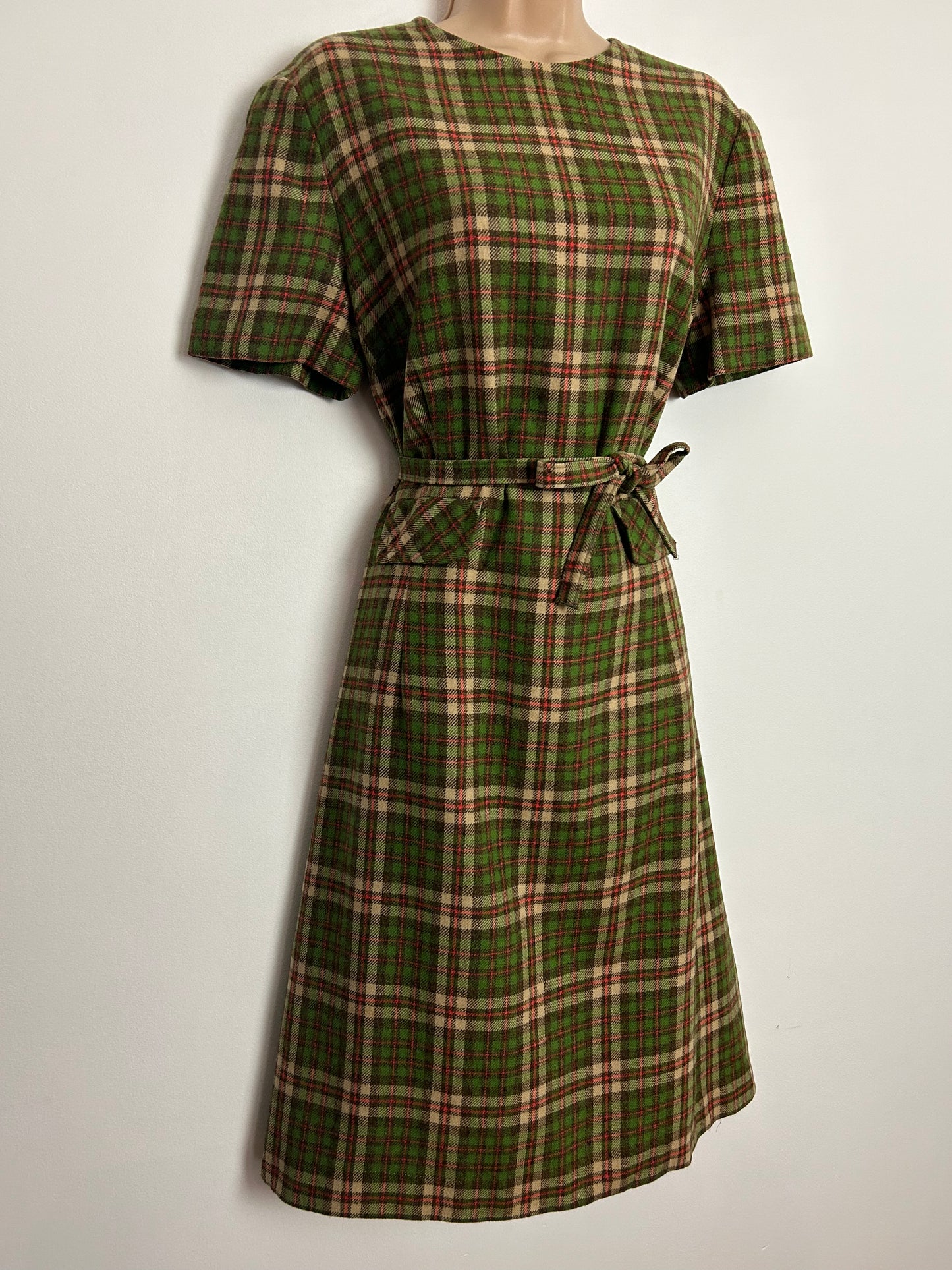 Vintage Early 1960s PENDLETON USA UK Size 14 Green Tartan Check 100% Virgin Wool Short Sleeve Belted Day Dress