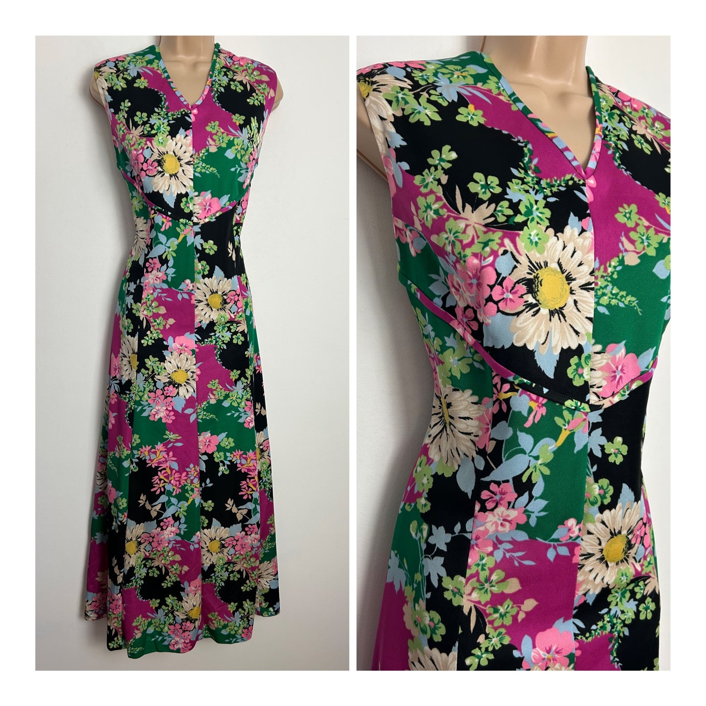 Vintage 1970s Size 14 Black Green & Pink Bold Floral Print Sleeveless Maxi Dress
