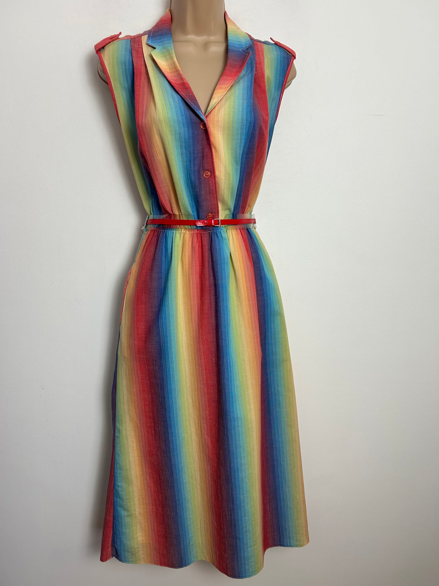 Vintage Early 1980s UK Size 10 Orange Red Yellow Green & Blue Stripe Print Belted Cotton Day Dress