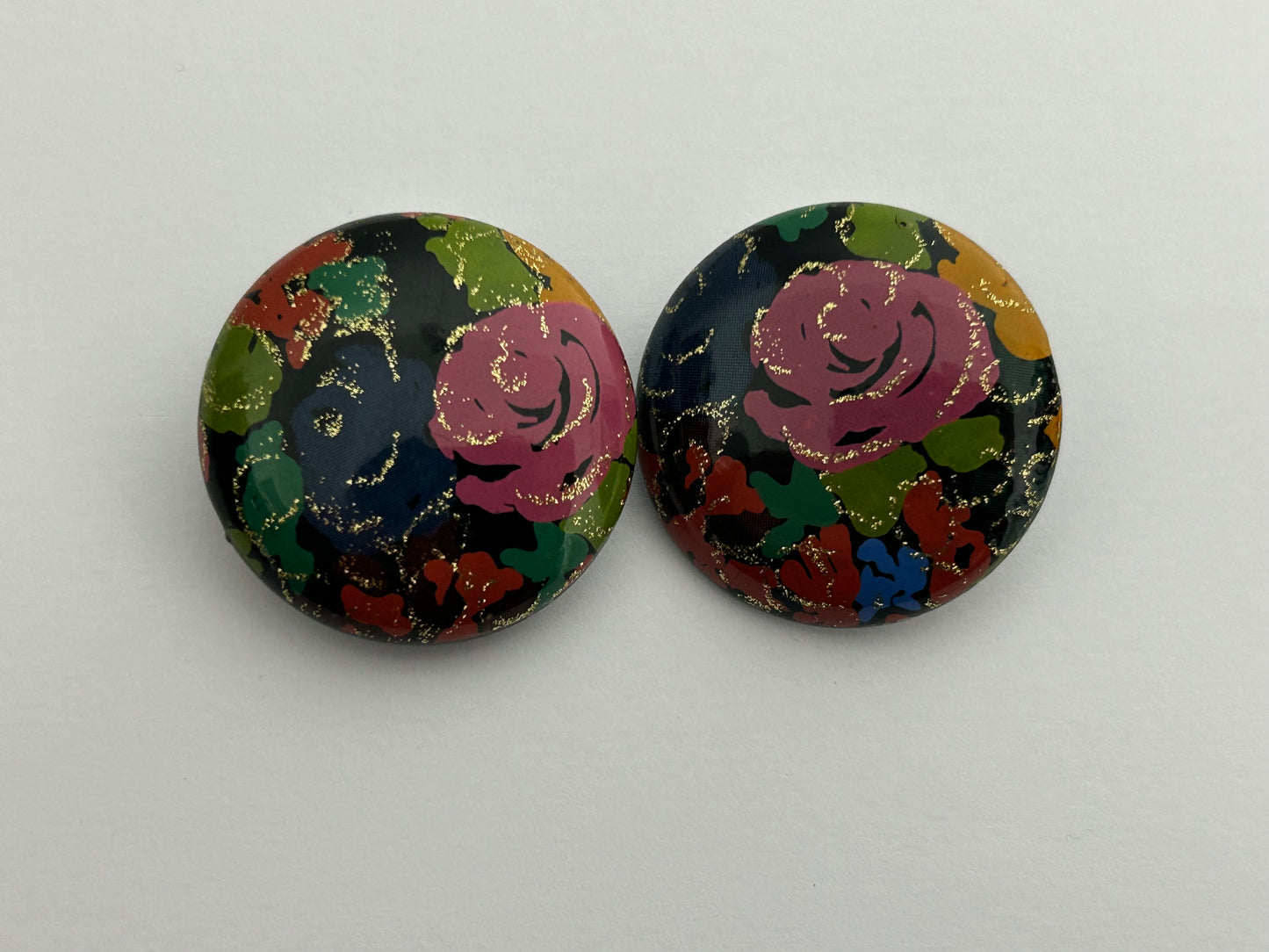 Vintage 1980s Blue Pink & Green Floral Glittery Large Round Clip On Earrings