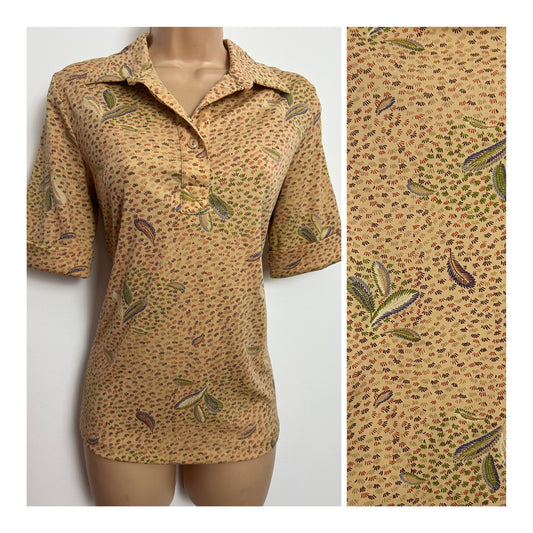Vintage 1970s Size 12 Sandy Beige Leaf Print Short Sleeve Shirt Style Top