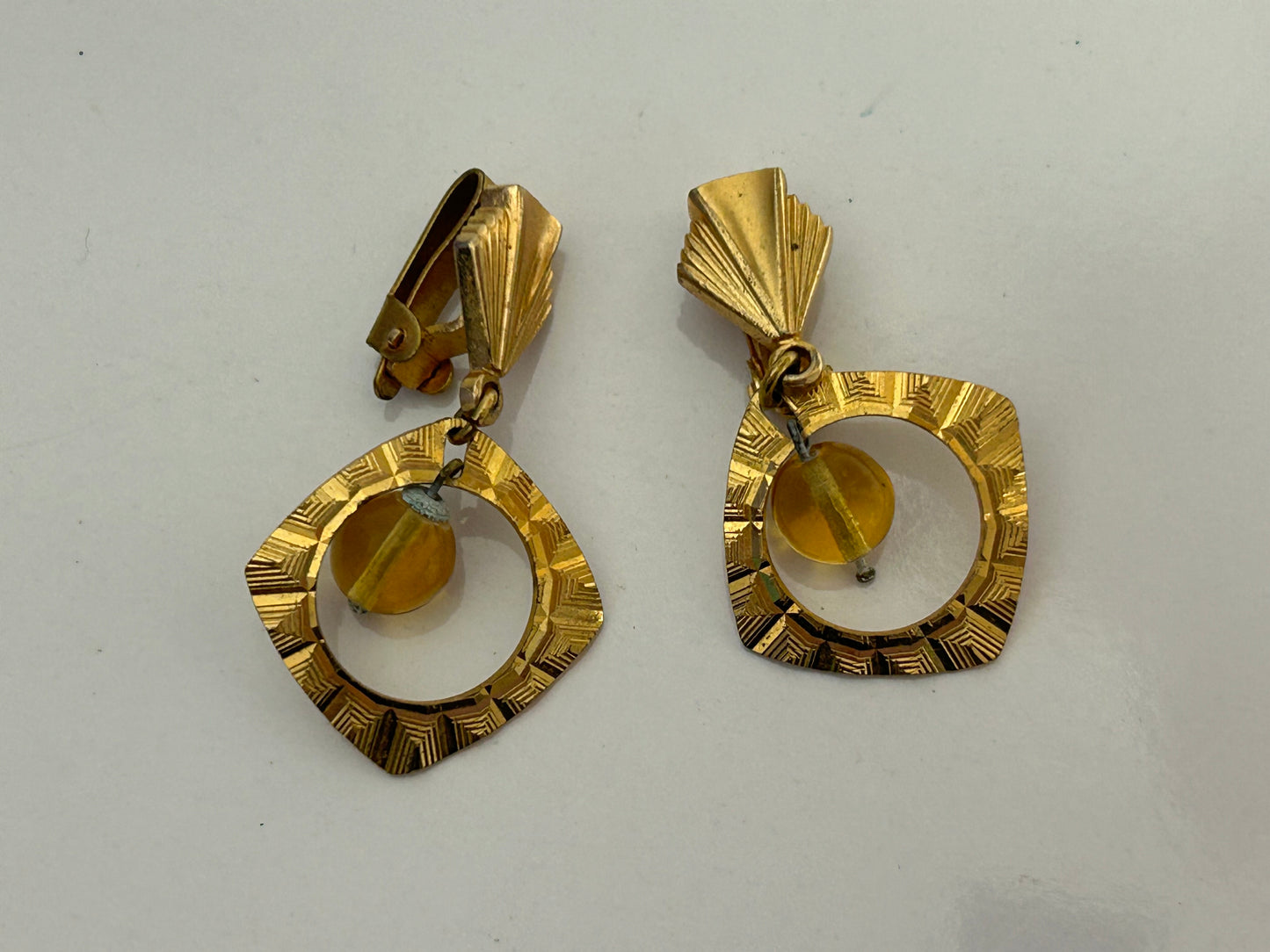 Vintage 1960s Gold Tone Etched Dangle Earrings With Amber Coloured Glass Bead Dropet