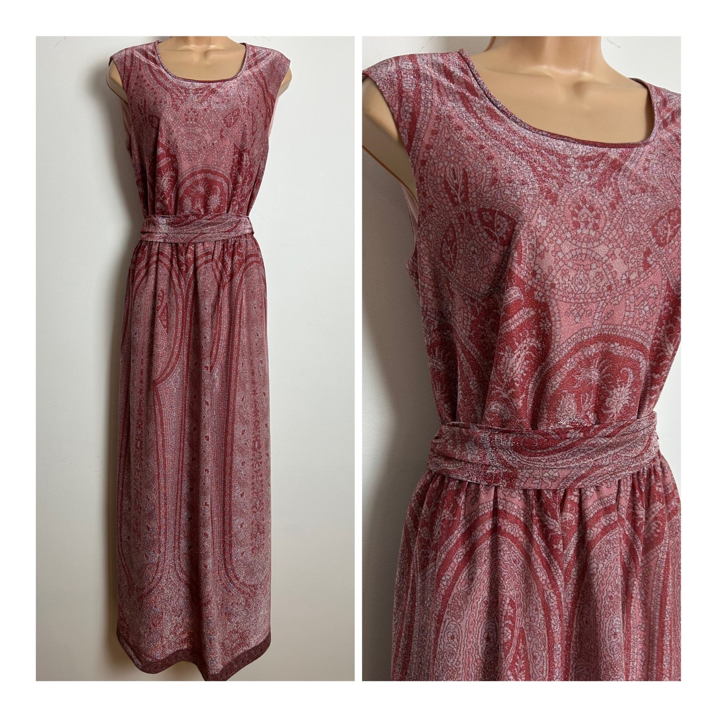 Vintage 1970s VERENA Size 10-12 Beautiful Dark Pink Tones Lurex Belted Evening Maxi Dress