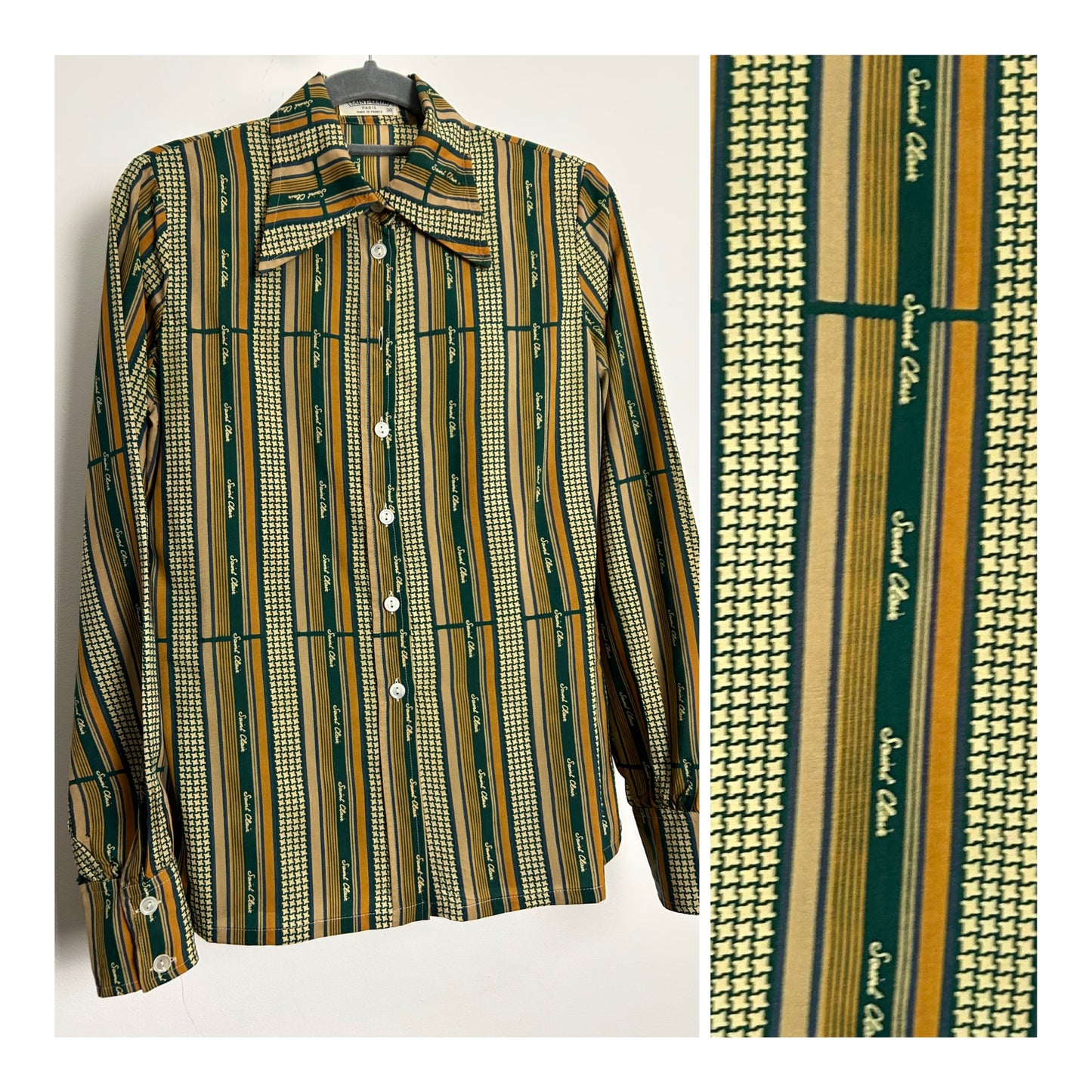 Vintage 1970s SAINT-CLAIR PARIS Size 8 Green Rust Tones Stripe Print Long Sleeve Shirt