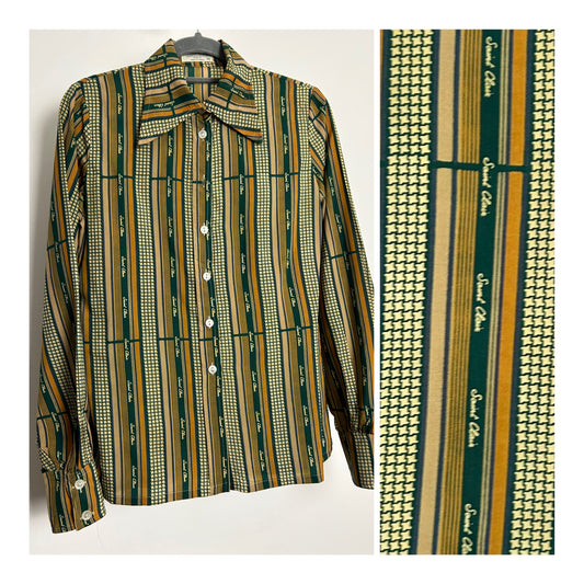 Vintage 1970s SAINT-CLAIR PARIS Size 8 Green Rust Tones Stripe Print Long Sleeve Shirt