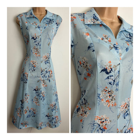 Vintage 1970s Size 10-12 Pale Blue Beige & Orange Floral Print Sleeveless Mod Flared Shift Dress
