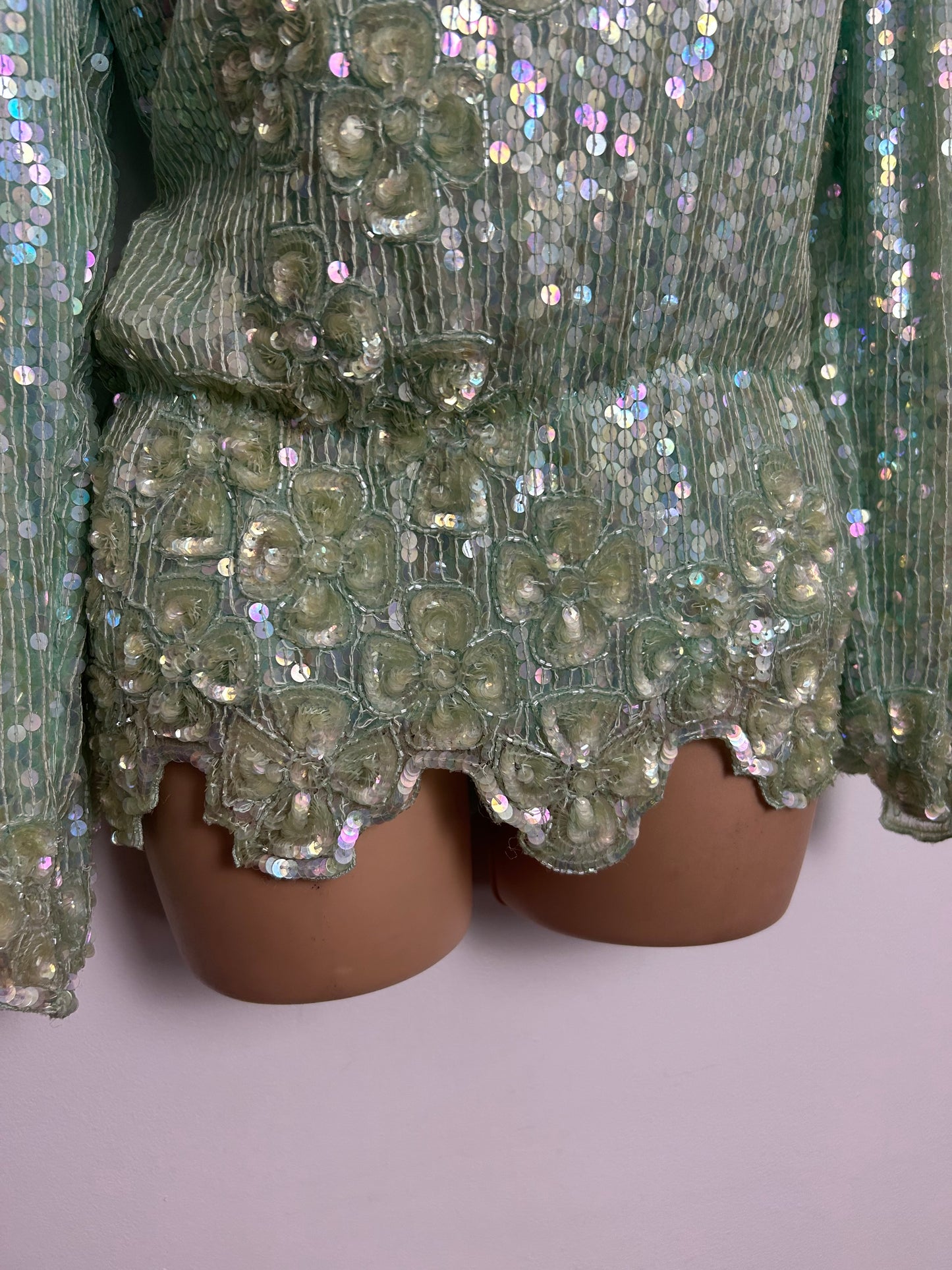 Vintage 1980s Size 12 Palest Green Iridescent Sequin Covered Long Sleeve Scallop Waist Evevning Top