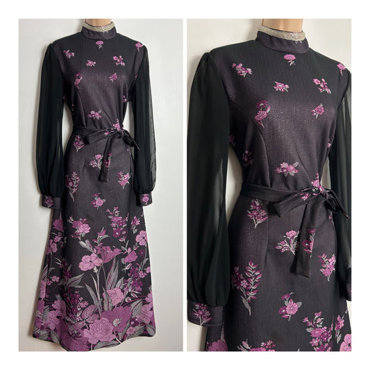 Vintage 1970s UK Size 12 Black Purple Pink & Silver Lurex Floral Print Long Sleeve Belted Occasion Evening Maxi Dress