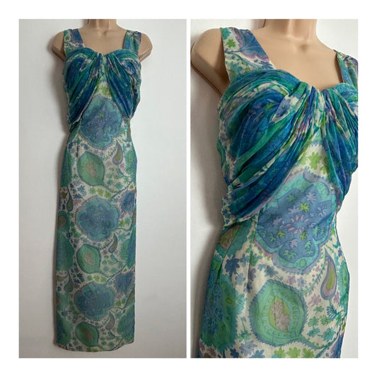 Vintage 1950s UK Size 10 Blue Green & Lilac Floral Paisley Print Ruched Detail Summer Occasion Dress