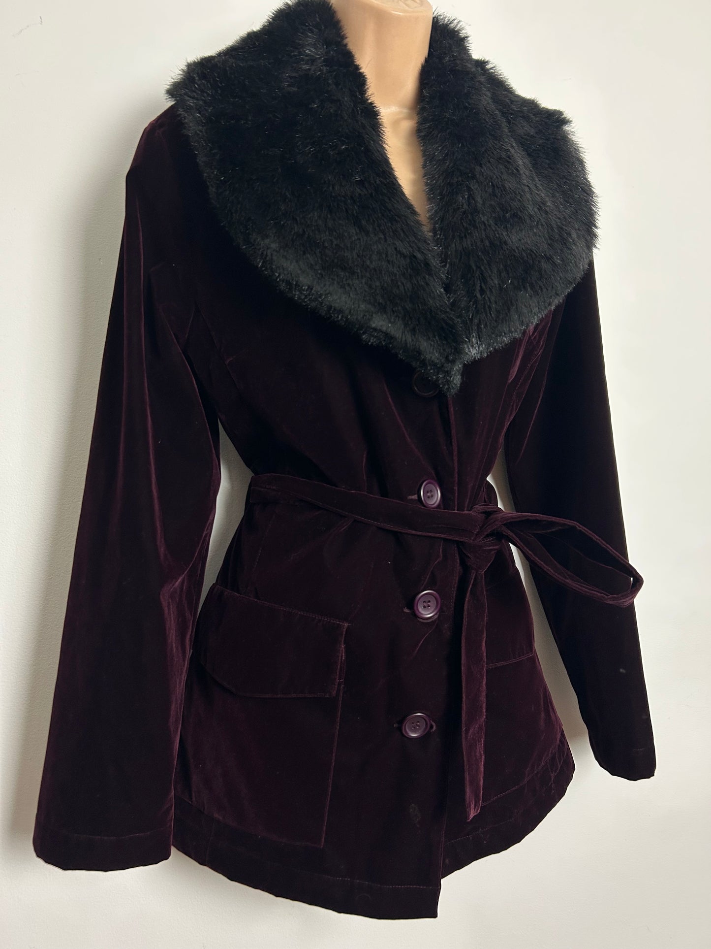 Vintage 1990s ICI & MAINTENANT Size 10-12 (T2) Aubergine Purple Velvet Faux Fur Belted Coat