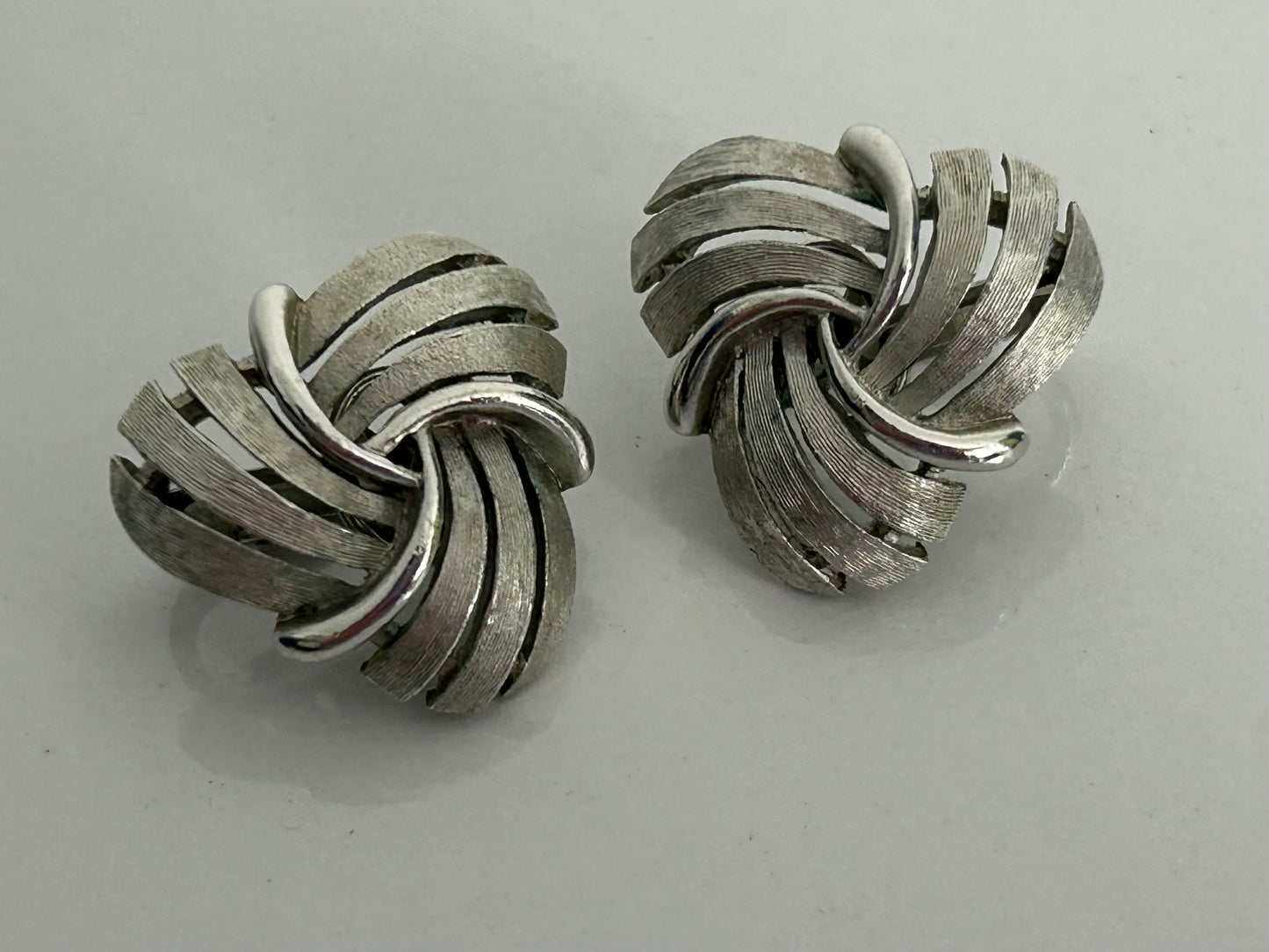 Vintage 1960s TRFARI Silver Tone Brushed Effect Clip On Earrings