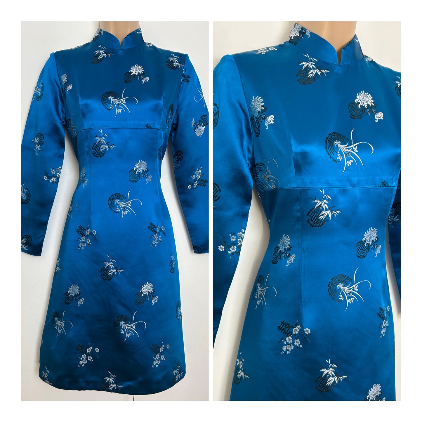 Vintage 1960s Size 6 Persian Blue Chinese Satin Jacquard Long Sleeve Mod Dress