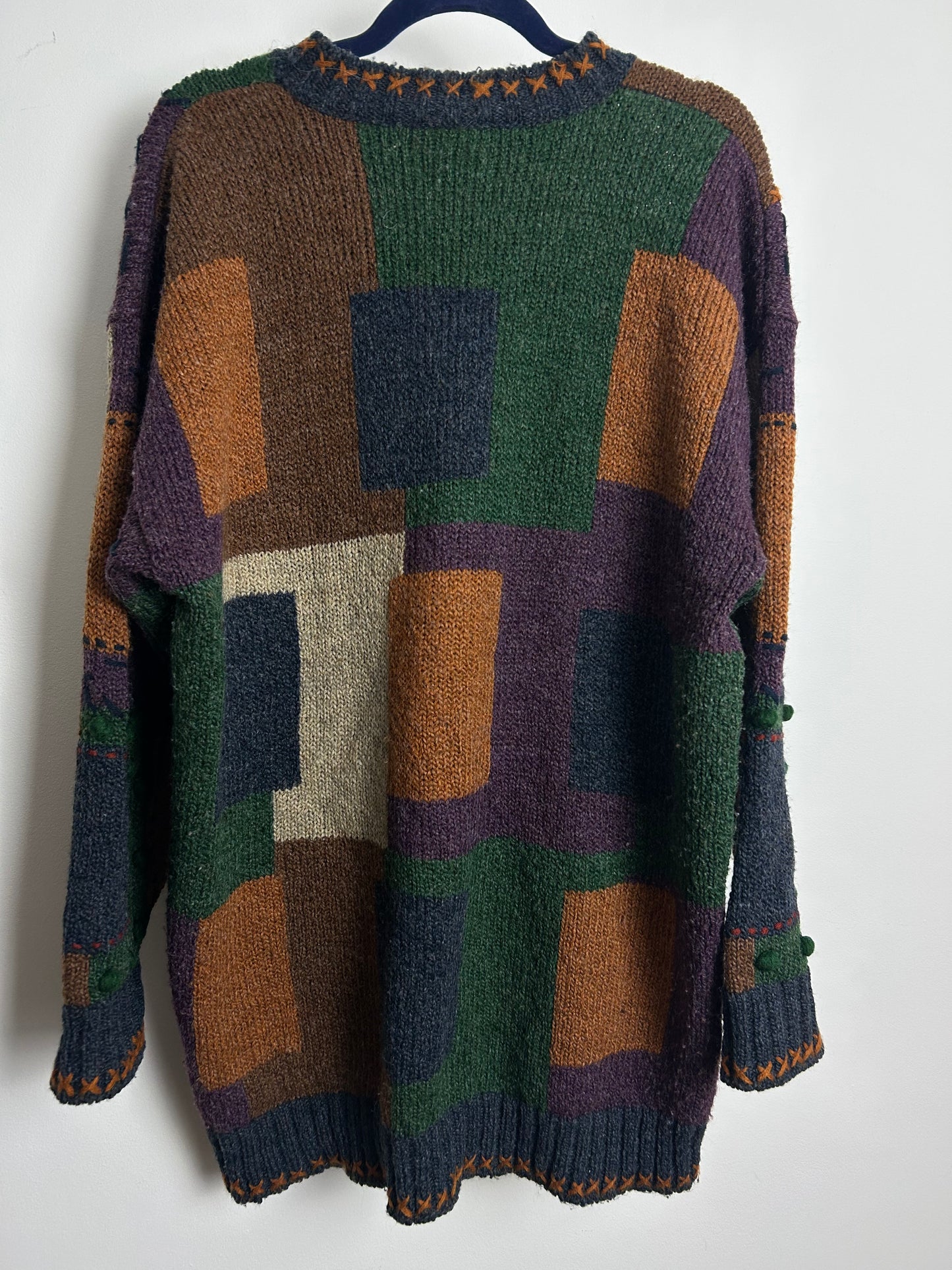 Vintage 1980s 90s Up To Size 20 Brown & Green Autumnal Leaf Pattern Wool Mix Pullover Jumper