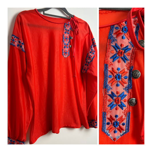 Vintage 1970s Size 12-14 Red Nylon Long Sleeve Embroidered Braid Detail Boho Top