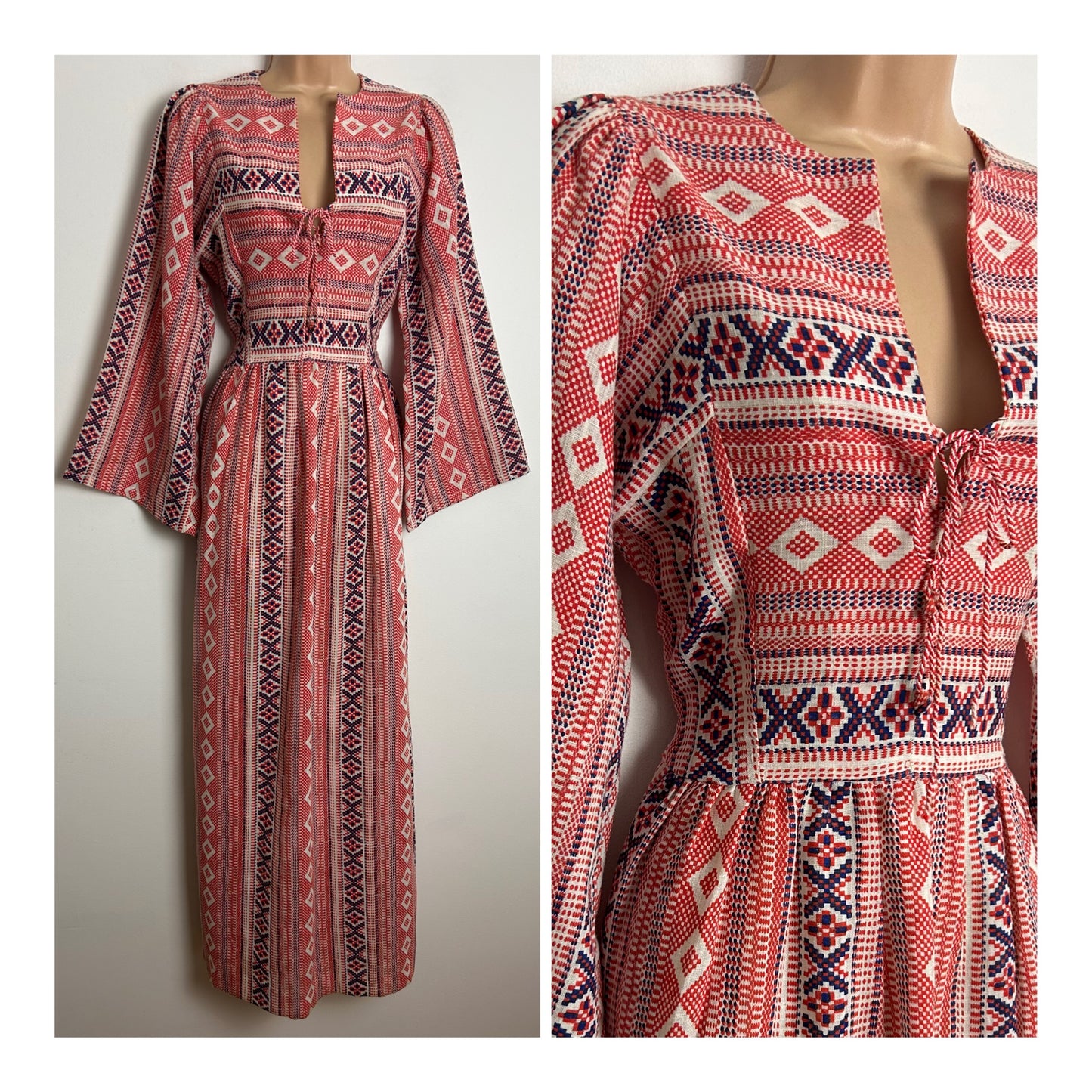 Vintage 1970s Size 8 Red White & Blue Abstract Print Cotton Mix Notch Neck Maxi Dress