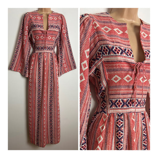 Vintage 1970s Size 8 Red White & Blue Abstract Print Cotton Mix Notch Neck Maxi Dress