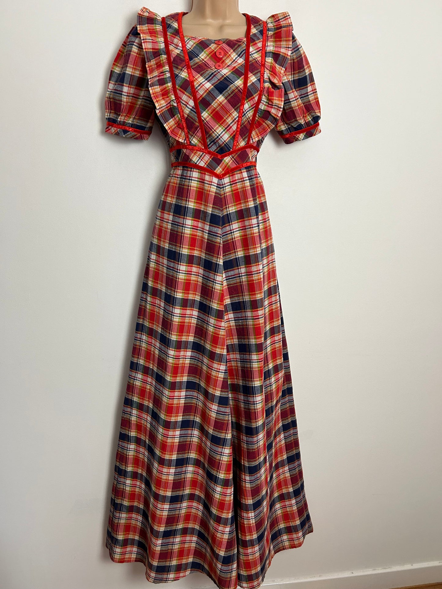 Vintage 1970s UK Size 8 Red Blue & White Check Print Short Sleeve Tie Back Prairie Cotton Maxi Dress