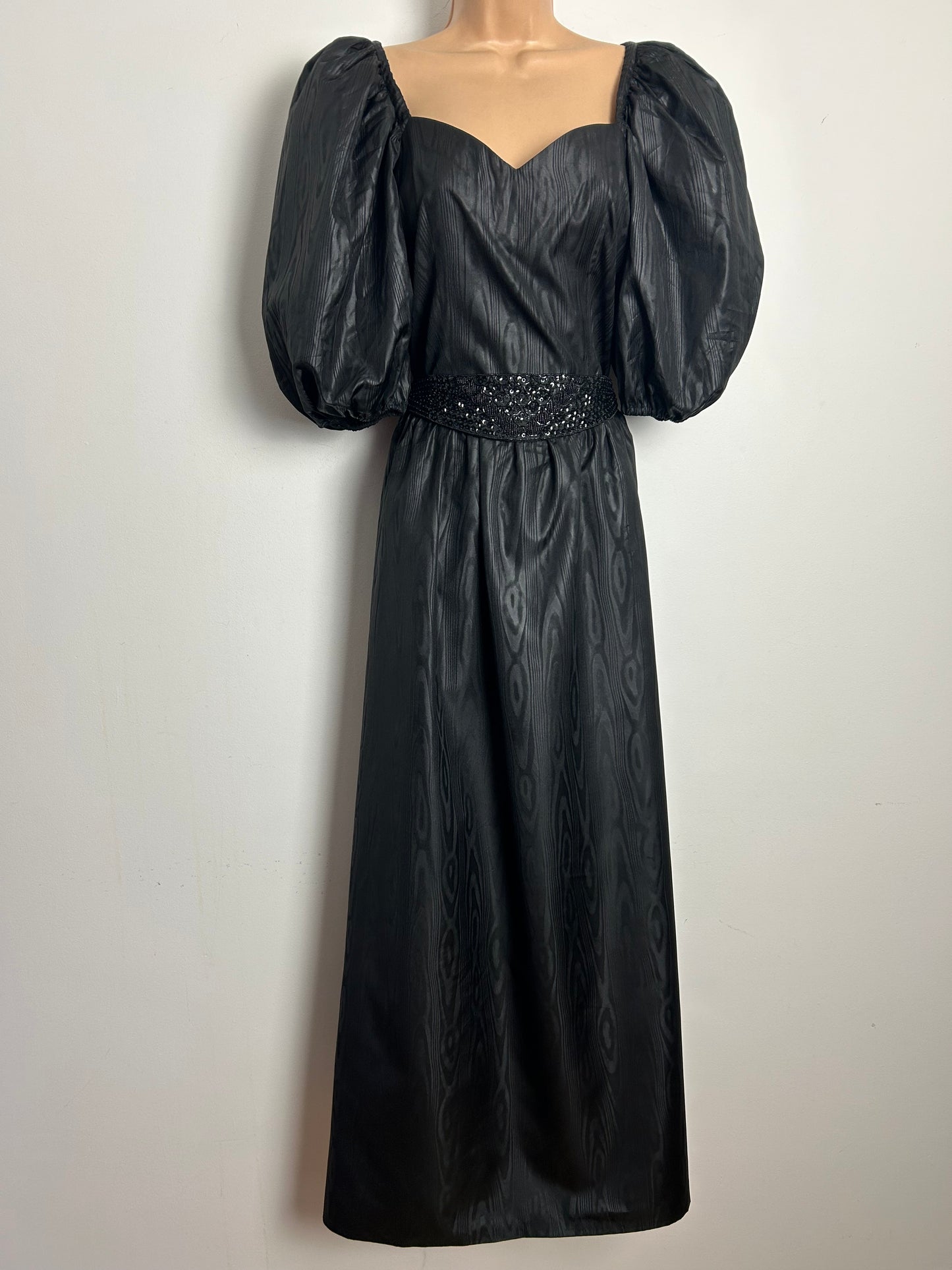 Vintage 1980s Size 10 Black Watermark Acetate Satin Bead & Sequin Belted Puff Sleeve Evening Maxi Dress