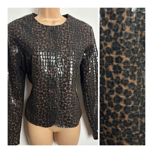 Vintage 1990s SELENE SPORT Size 10-12 Leopard Print Scale Embossed Wet Look Collarless Jacket