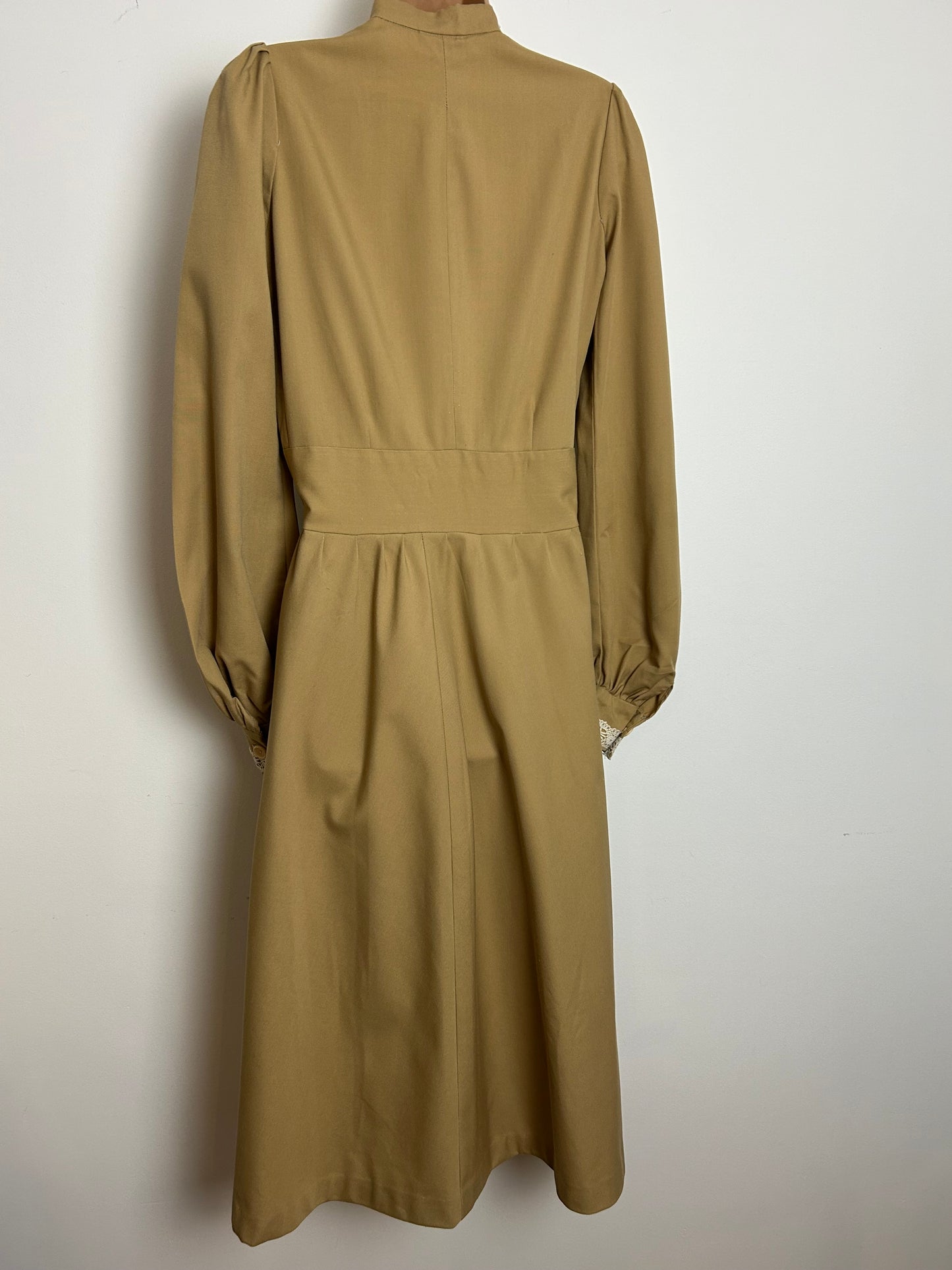 Vintage 1970s QUAD Size 12 Camel Brown Cotton Lace Trim Long Sleeve Prairie Midi Dress