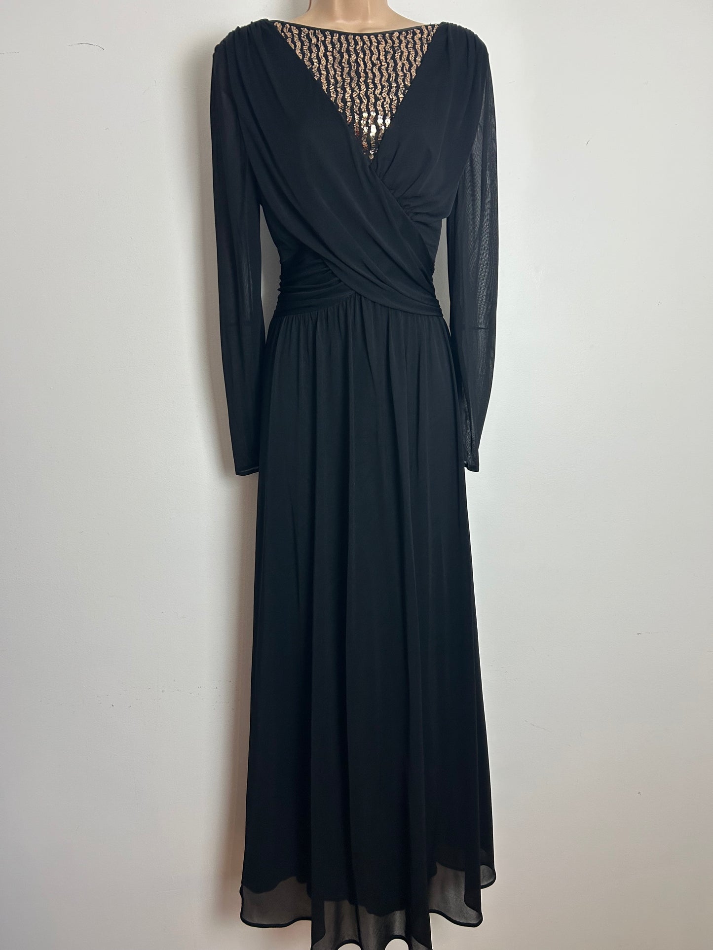 Vintage Late 1970s Size 10-12 Black & Gold Sequin Embellished Evening Occasion Maxi Dress