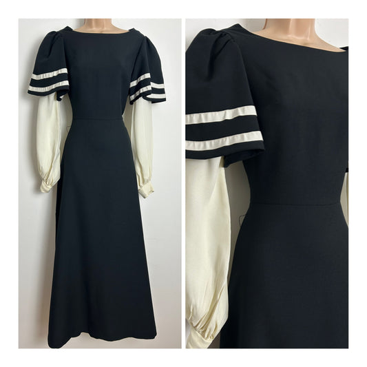 Vintage 1970s RICHARD SHOPS Size 6-8 Black Stripe Trim Double Sleeve Maxi Dress
