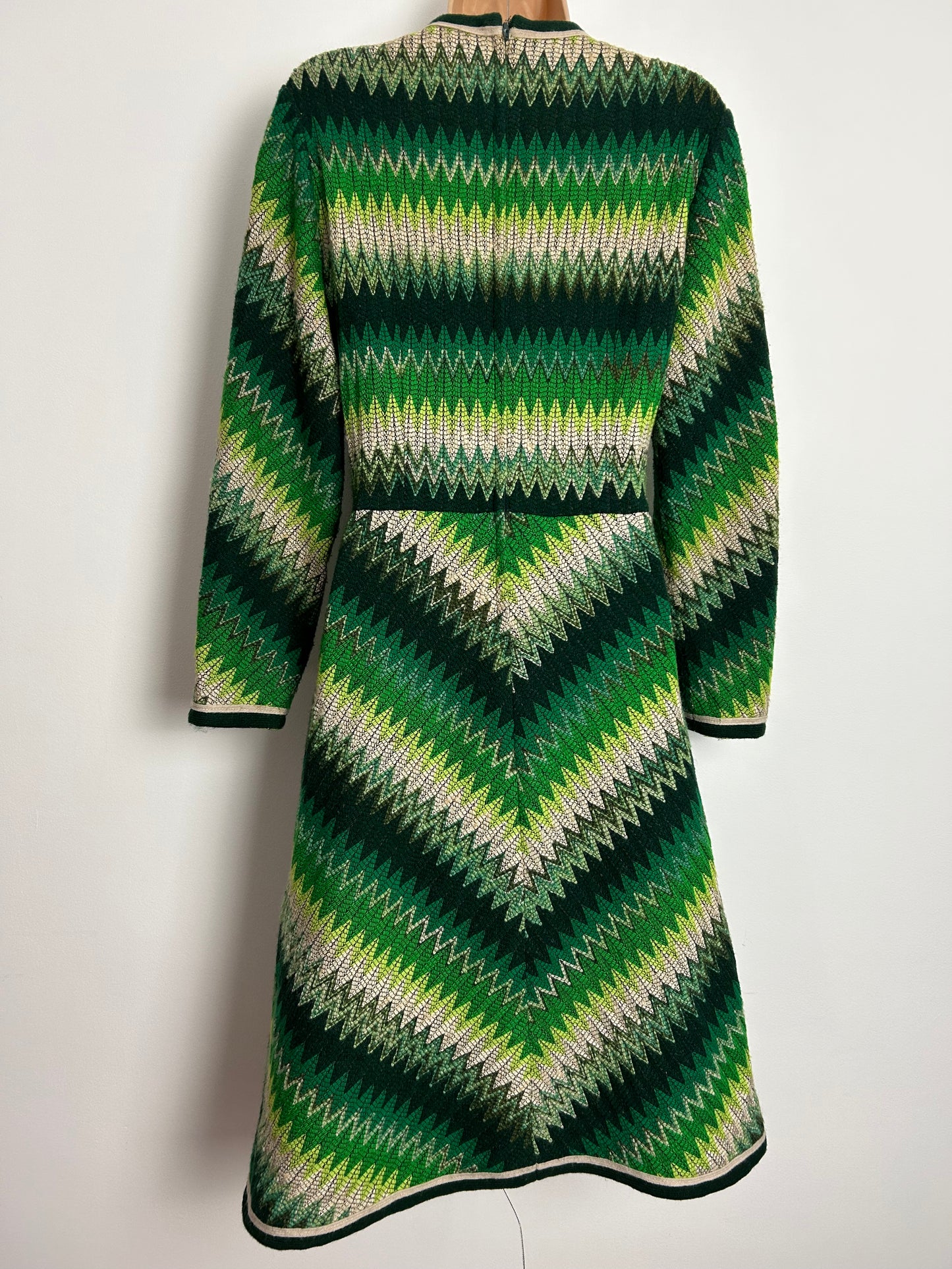 Vintage 1960s BERKERTEX UK Size 12 Incredible Green Tones Zig Zag Pattern Woven Wool Mod Dress