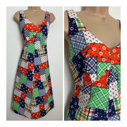 Vintage 1970s ST MICHAEL Size 12 Red Blue Green & White Patchwork Floral Check Print Cotton Summer Dress