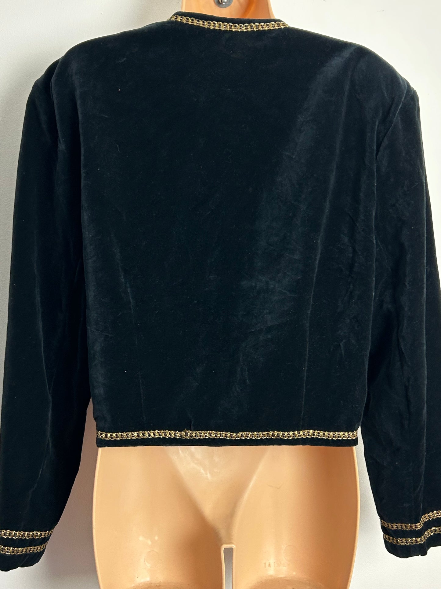 Vintage 1980s Size 14-16 Black & Gold Braid Trim Velvet Evening Jacket