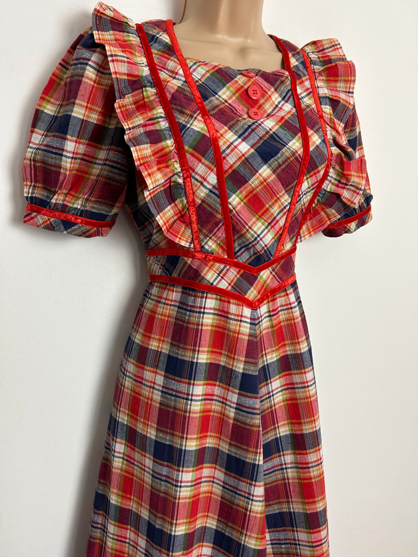 Vintage 1970s UK Size 8 Red Blue & White Check Print Short Sleeve Tie Back Prairie Cotton Maxi Dress